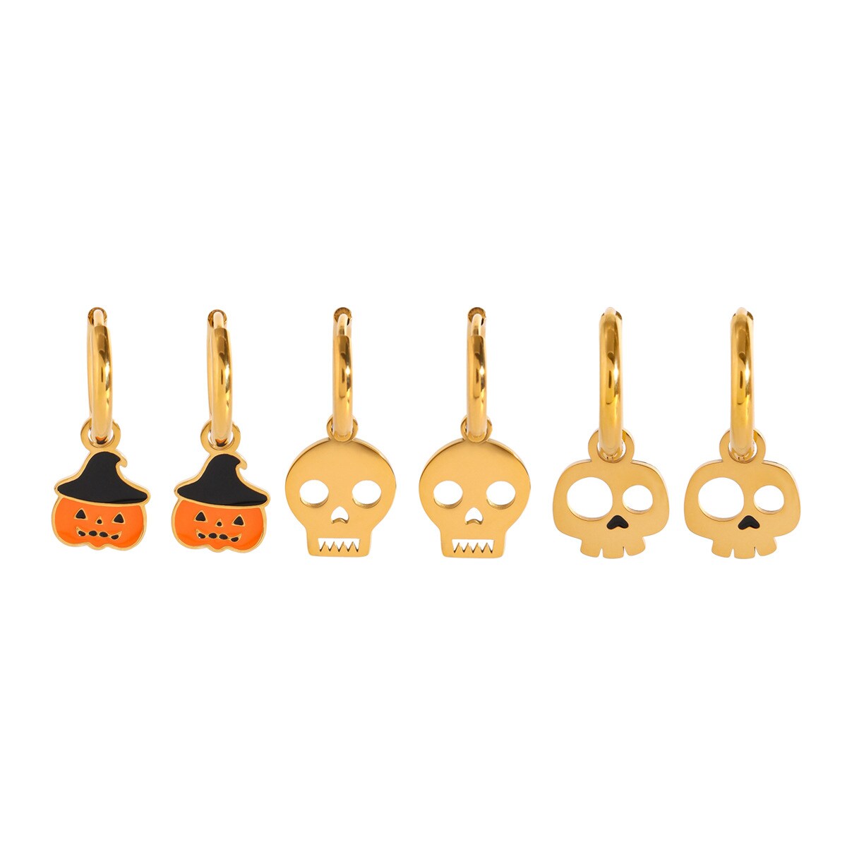 3 Pair Simple Series Punk Skull Stainless Steel 18K Gold Plated Women's Earrings set h5 